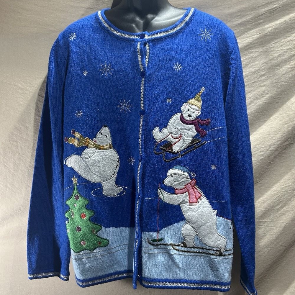 Ugly Christmas Sweater Cardigan Blue Polar Bears Winter Games Youth XL Womens M